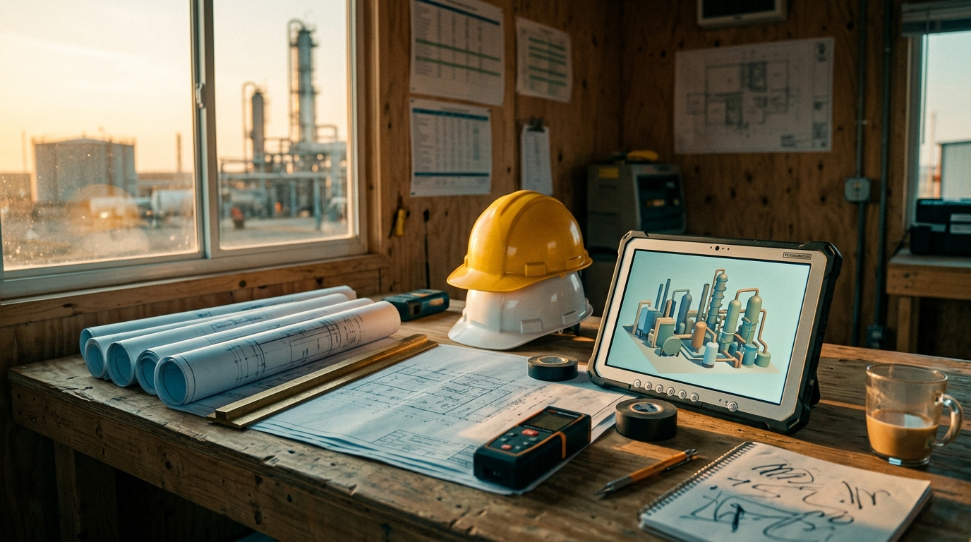 Planos técnicos y modelo 3D de planta sobre mesa de gestión de construcción en oficina de obra