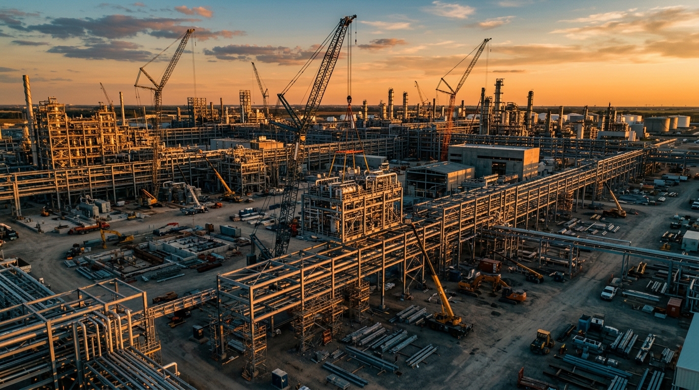Instalación petrolera en construcción con grúas torre al atardecer