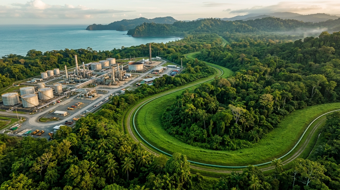 Derecho de vía revegetado junto a facilidad petrolera