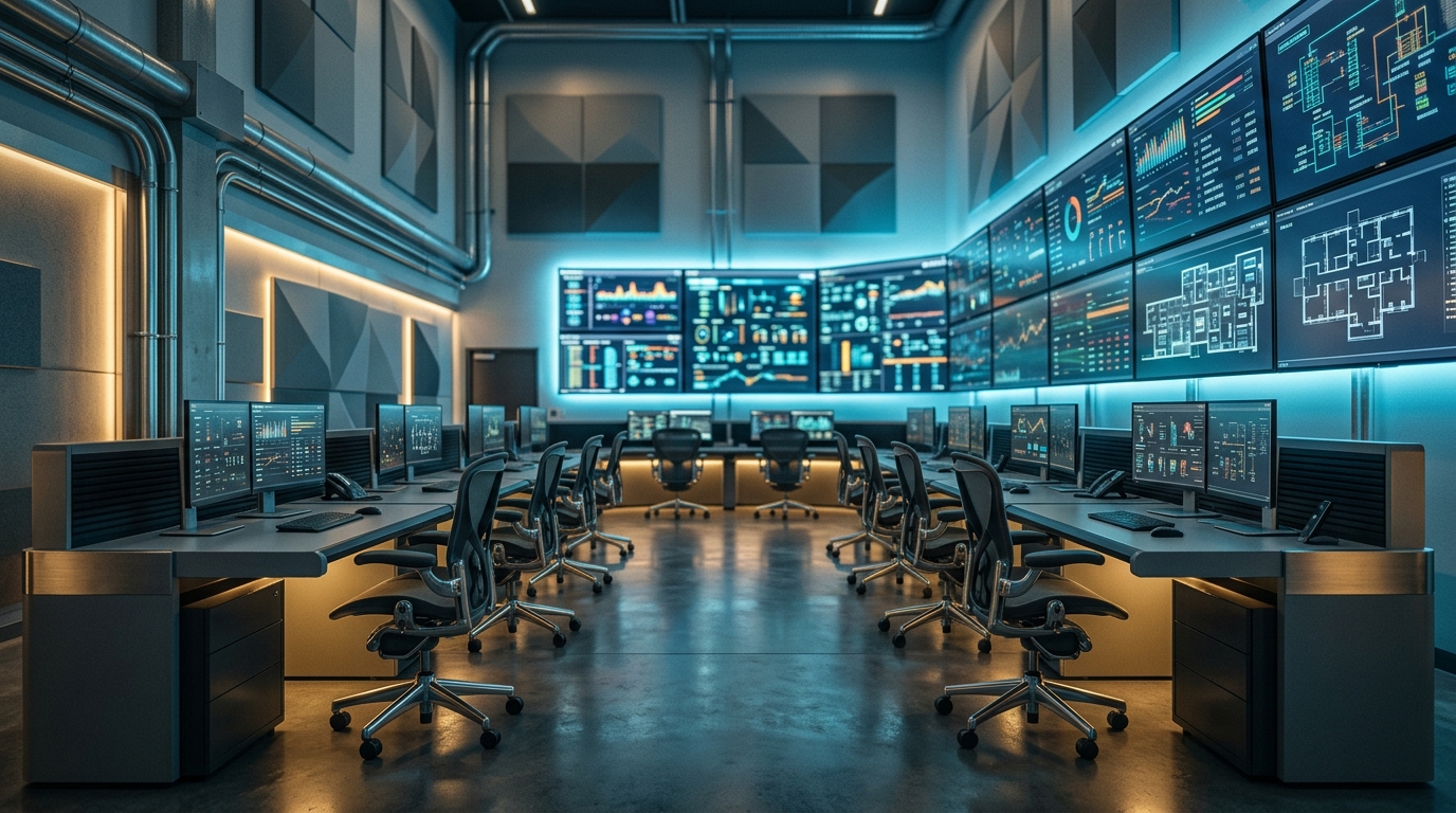 Sala de monitoreo industrial con tableros de datos que representan controles de gestión y trazabilidad
