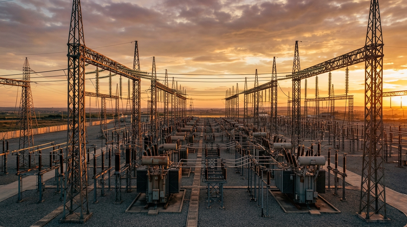 Subestación de alta tensión al atardecer