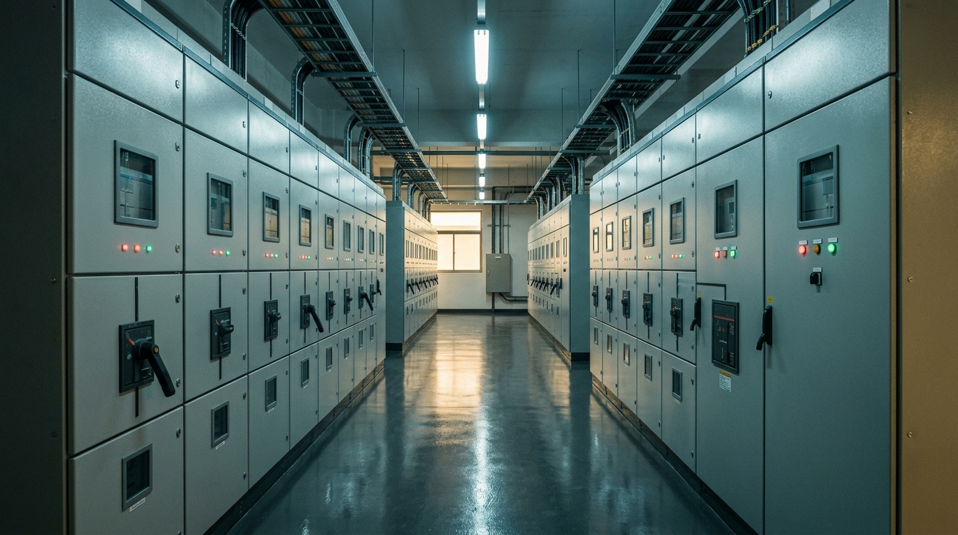 Interior de sala de switchgear de media tensión con celdas metálicas en hilera