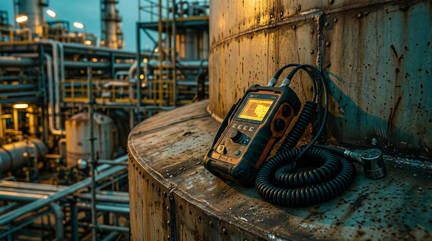 Instrumento de inspección ultrasónica de espesores con cables enrollados sobre la envolvente curva de un tanque de almacenamiento
