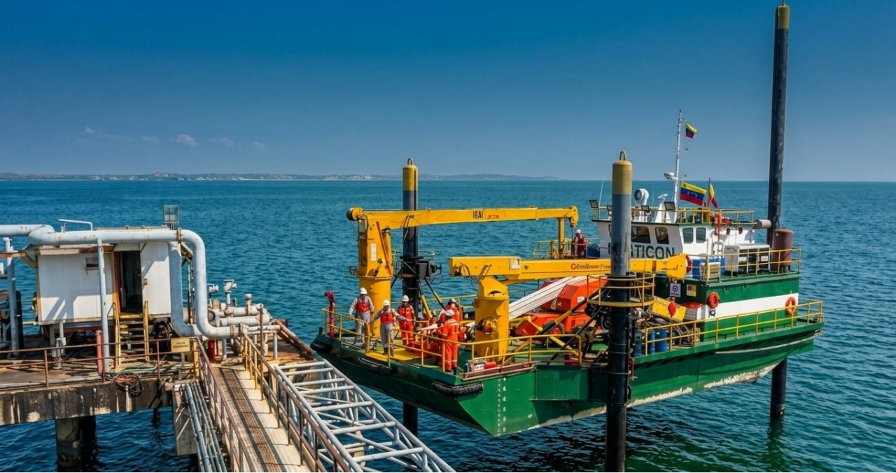 LATICON self-elevating (jack-up) unit moored alongside a pier with its legs in the raised transit position, crane deployed and crew working on deck