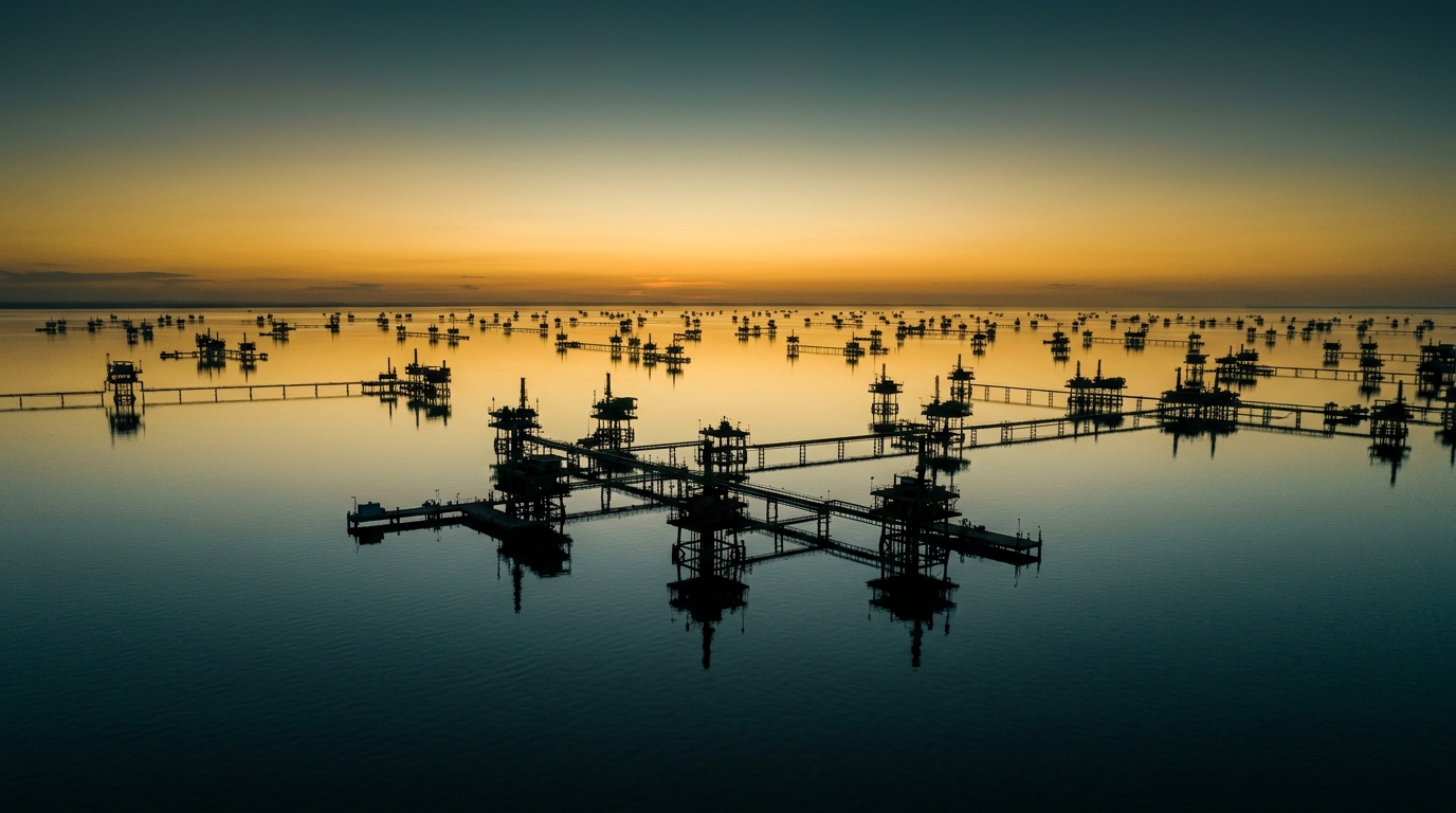Plataformas de pozo en el Lago de Maracaibo a la primera luz