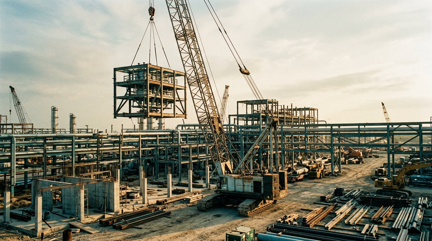 Fotografía de estilo archivístico de una escena de construcción de facilidad petrolera de los años 90 con una grúa de pluma reticulada de la época izando estructura de acero