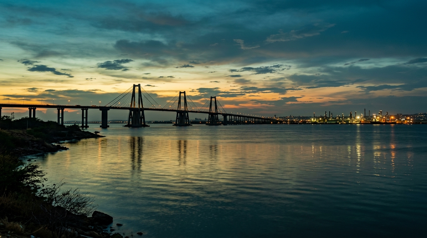 Vista panorámica del Lago de Maracaibo al atardecer con la silueta del gran puente en el horizonte