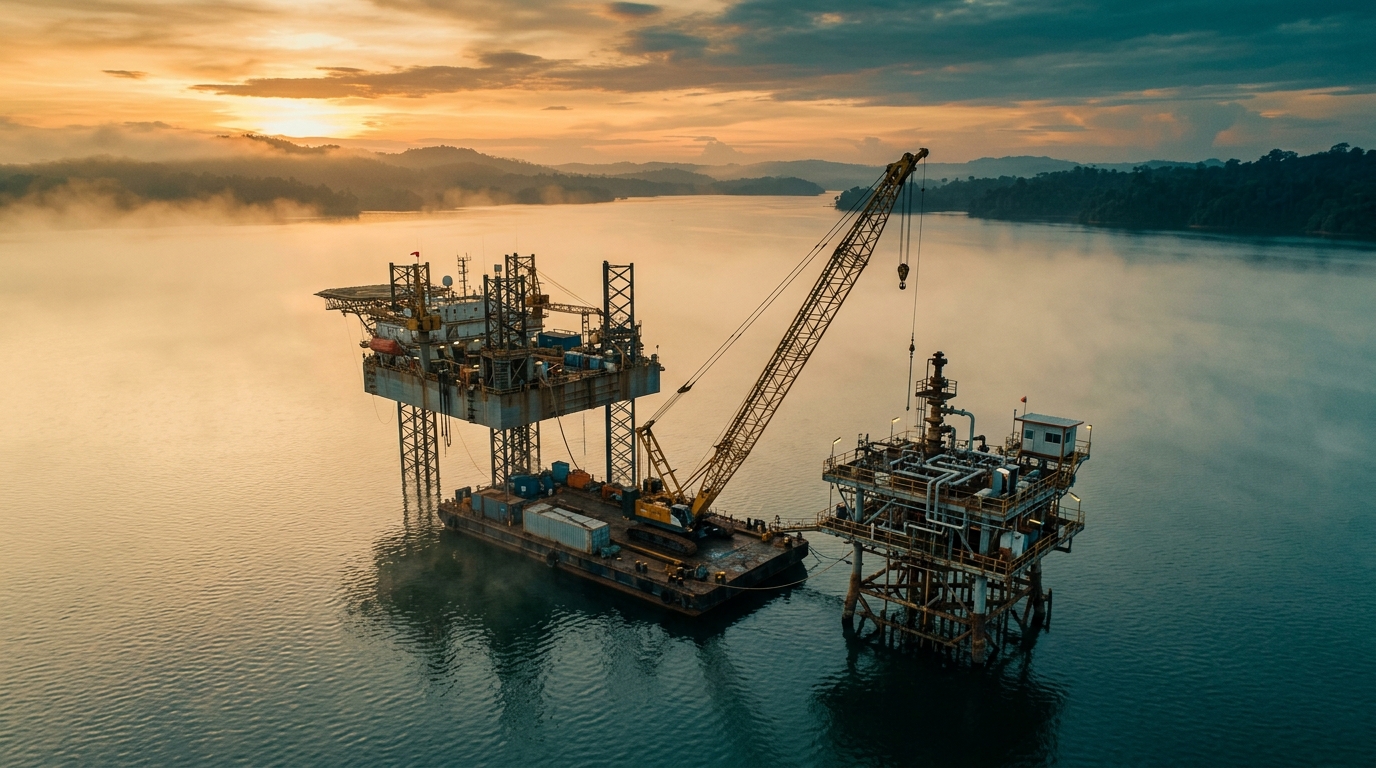 Barcaza con grúa junto a plataforma en el Lago de Maracaibo al amanecer