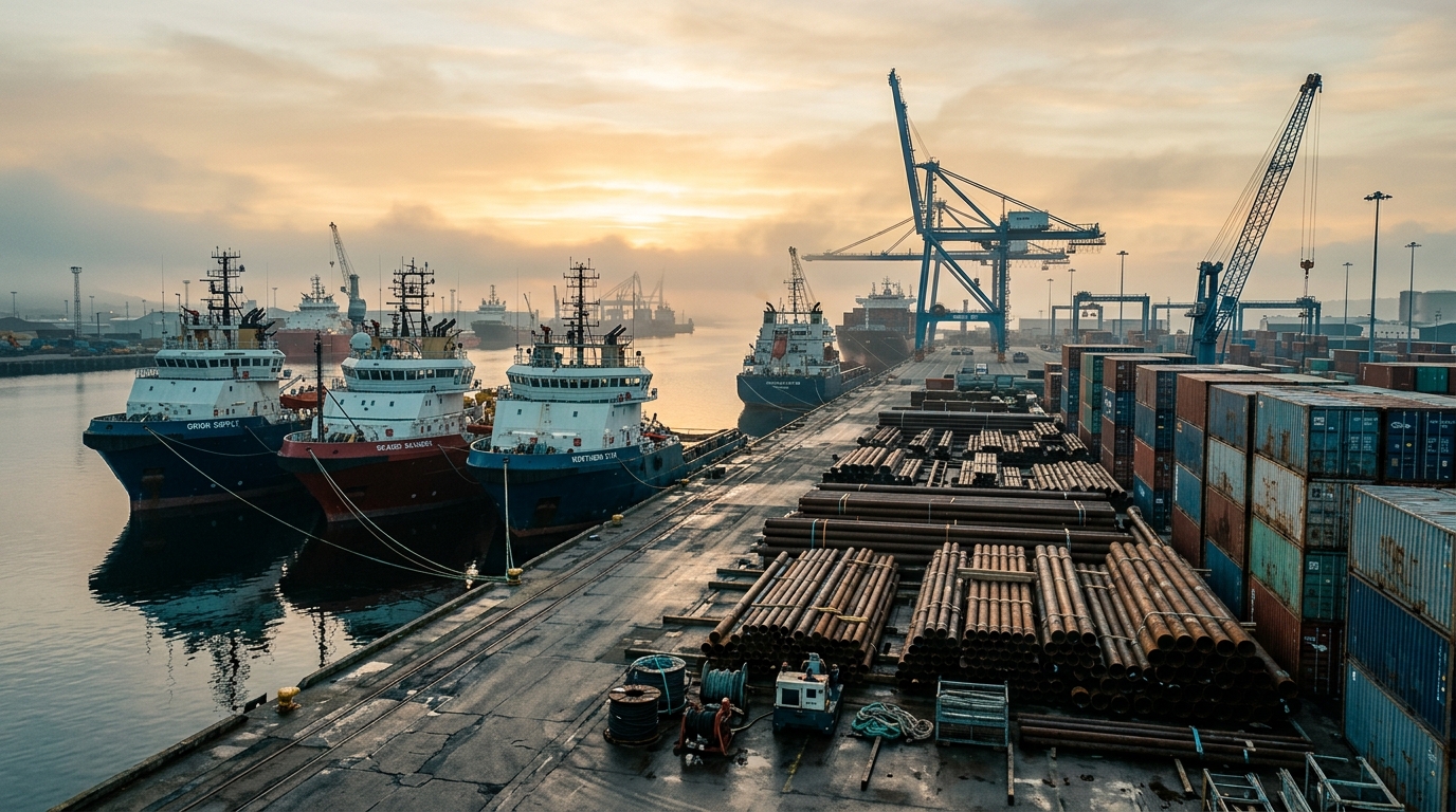 Puerto de suministro industrial al amanecer con embarcaciones de apoyo, tuberías apiladas y grúas