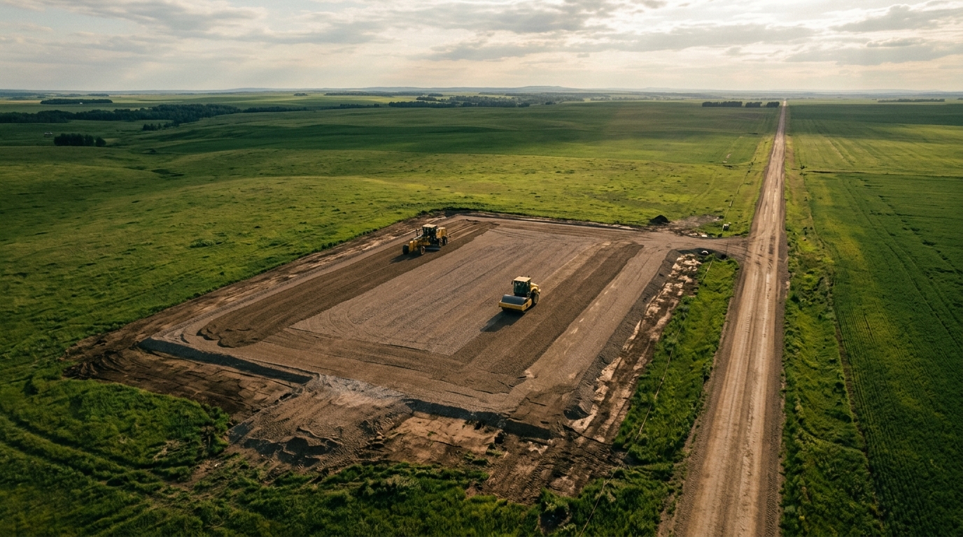 Macolla de grava en construcción con maquinaria trabajando