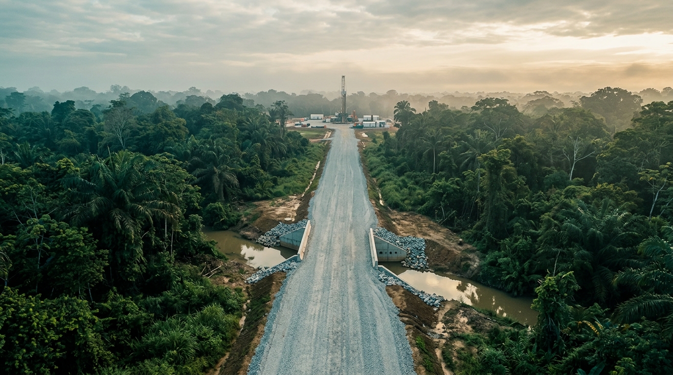 Vía de acceso nueva de grava atravesando llanuras tropicales hacia una localización de perforación distante con una alcantarilla de concreto visible